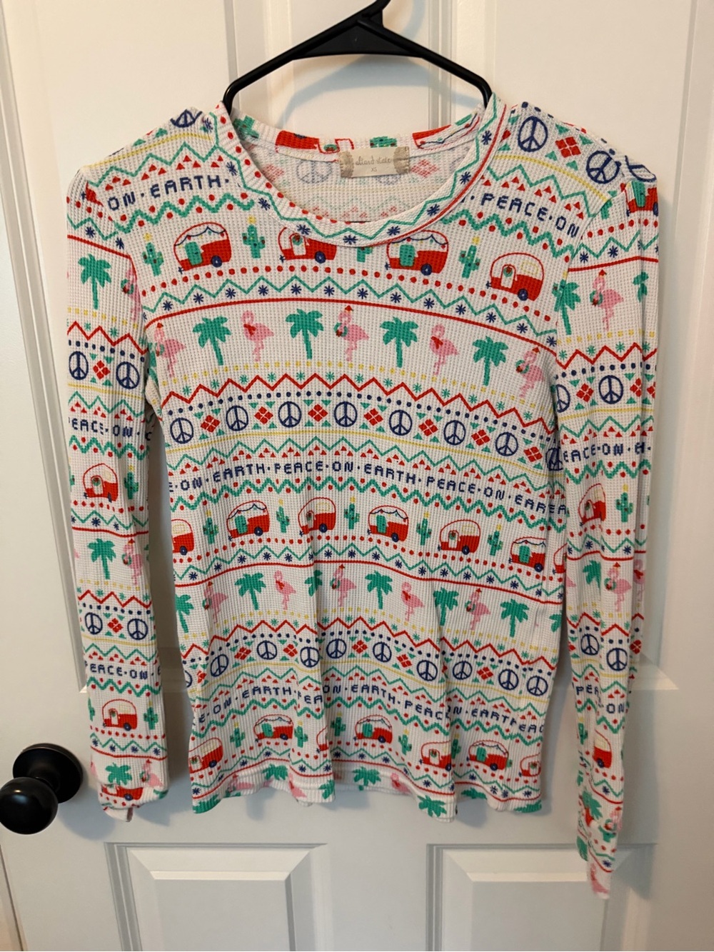 Altar'd State White Waffle Knit Top with Red and Teal Accents